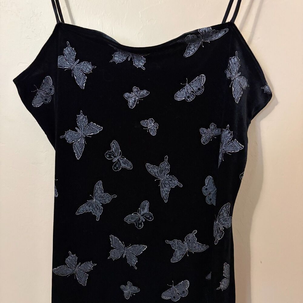 Vintage 90s Chesley Black Velvet Butterfly Maxi Slip Dress Size L - Picture 3 of 5